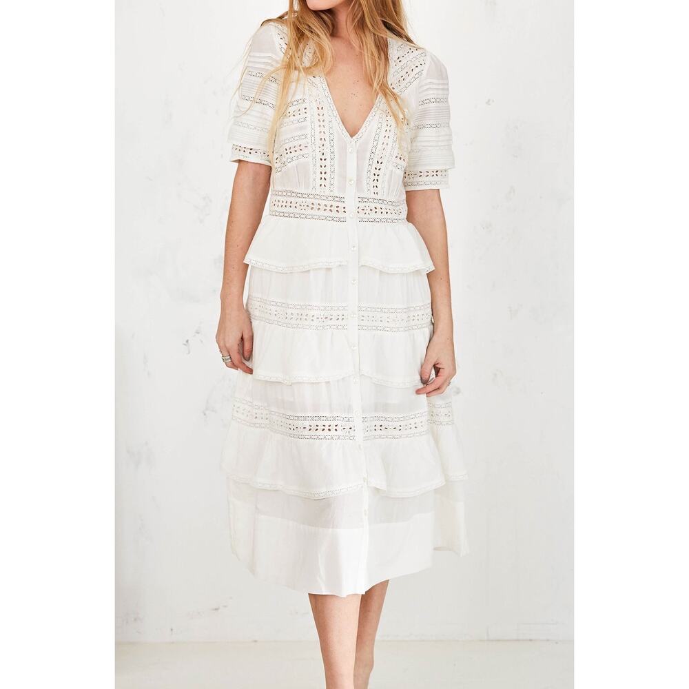 LoveShackFancy Rebecca 100% Cotton White Lace Embroidered Tiered Midi Dress - Picture 3 of 14